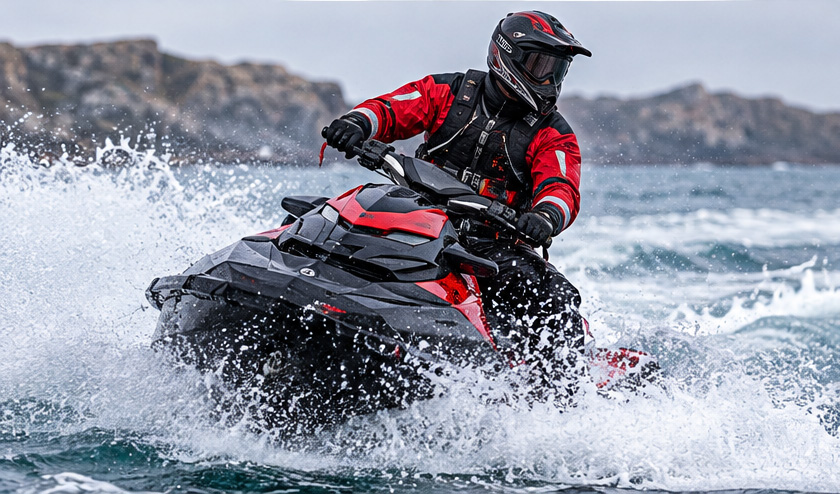 Jet ski rider wearing protective drysuit clothing on choppy winter water