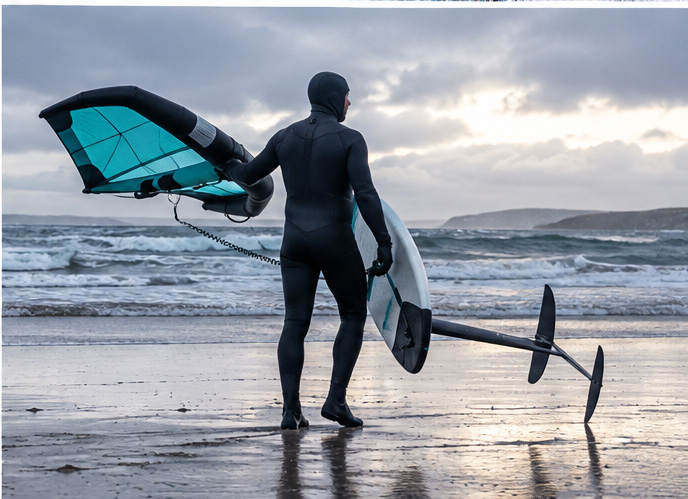 Wingfoiler wearing a hooded winter wetsuit preparing to launch on a cold beach