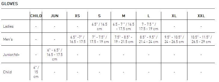 Gill Sailing Gloves Size Chart